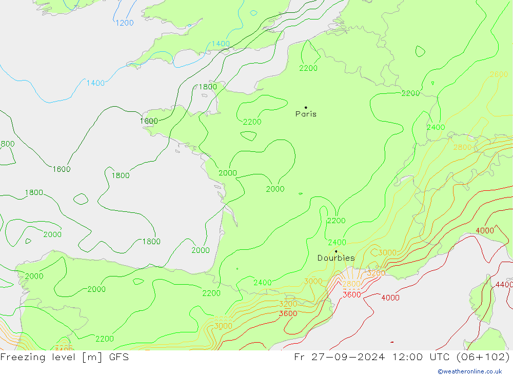 Freezing level GFS pt. 27.09.2024 12 UTC