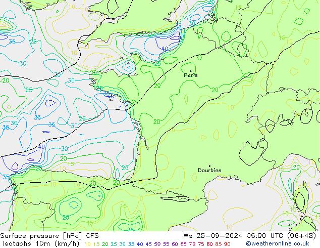 Isotaca (kph) GFS mié 25.09.2024 06 UTC