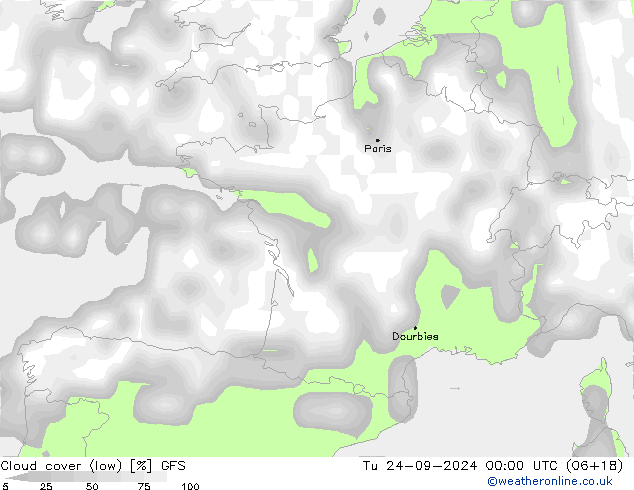 zachmurzenie (niskie) GFS wto. 24.09.2024 00 UTC