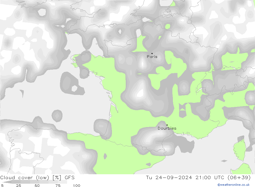 Bewolking (Laag) GFS di 24.09.2024 21 UTC