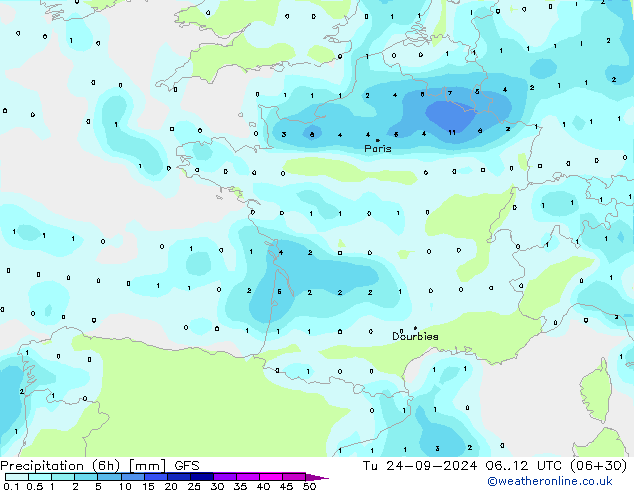 Precipitation (6h) GFS Út 24.09.2024 12 UTC