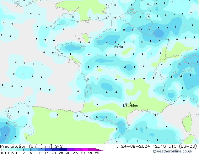 Prec 6h/Wind 10m/950 GFS Tu 24.09.2024 18 UTC