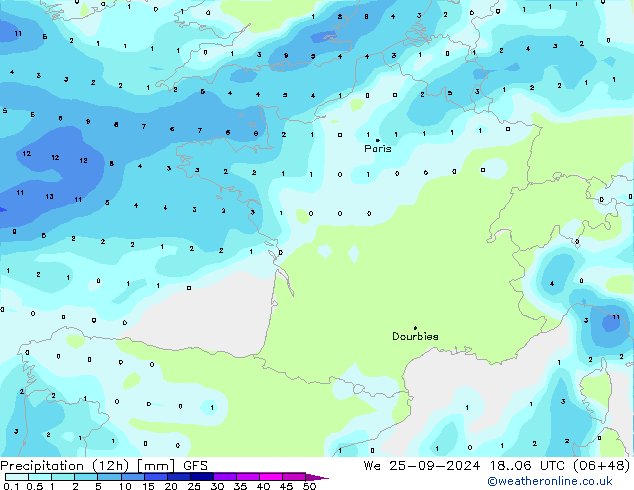 Precipitação (12h) GFS Qua 25.09.2024 06 UTC