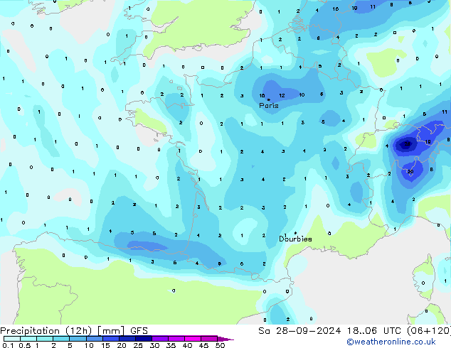 Précipitation (12h) GFS sam 28.09.2024 06 UTC