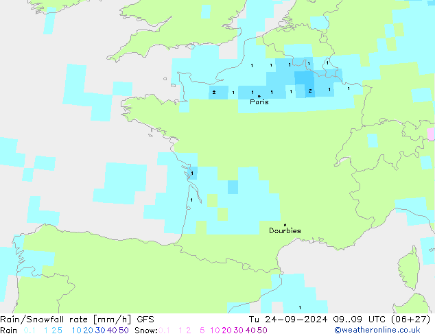 Rain/Snowfall rate GFS Út 24.09.2024 09 UTC