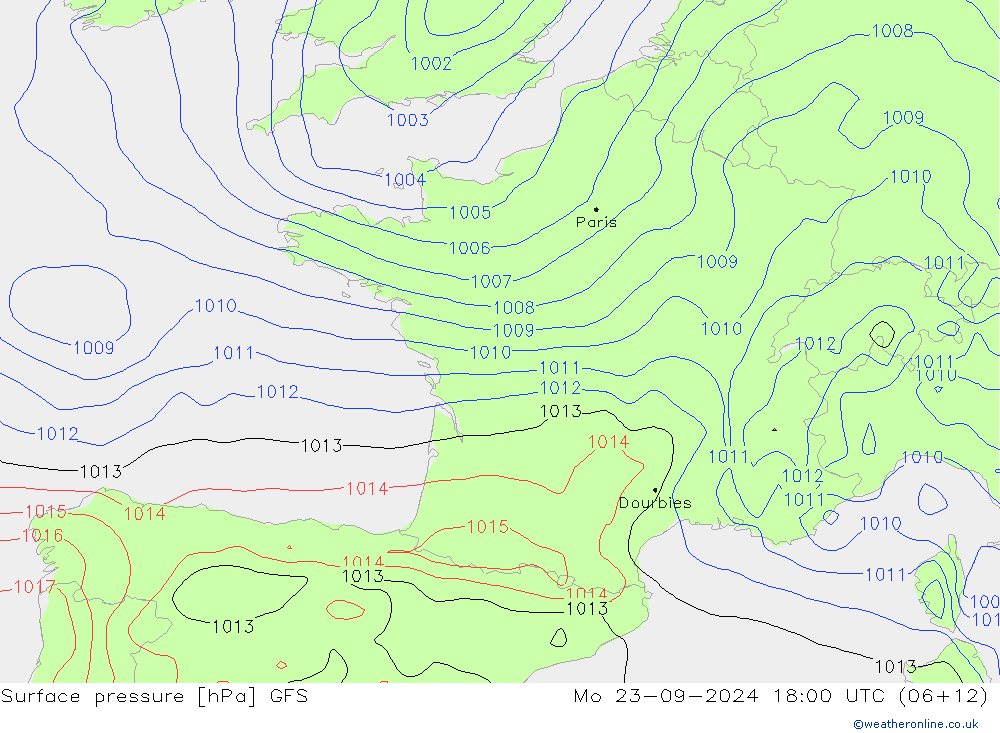 Presión superficial GFS lun 23.09.2024 18 UTC