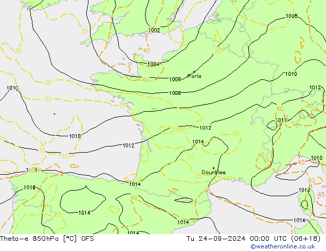 Theta-e 850hPa GFS wto. 24.09.2024 00 UTC