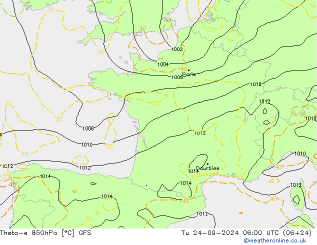 Theta-e 850hPa GFS Di 24.09.2024 06 UTC