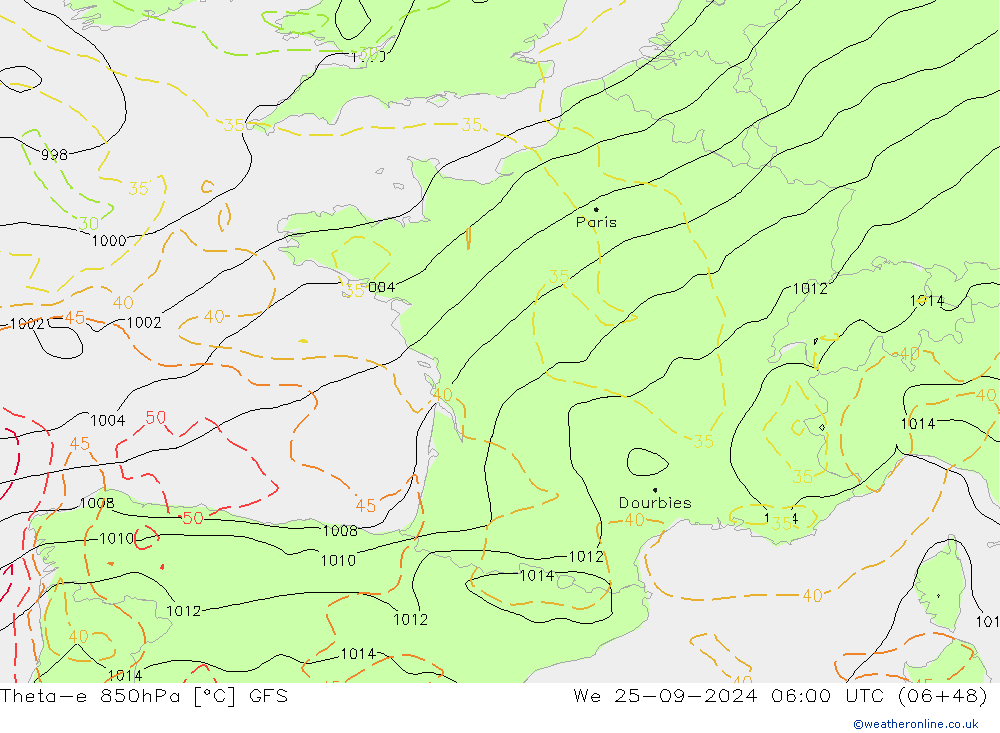 Theta-e 850hPa GFS śro. 25.09.2024 06 UTC