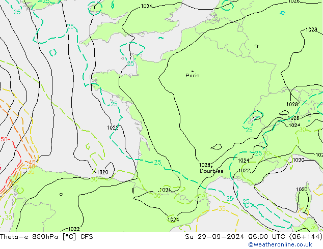 Theta-e 850гПа GFS Вс 29.09.2024 06 UTC