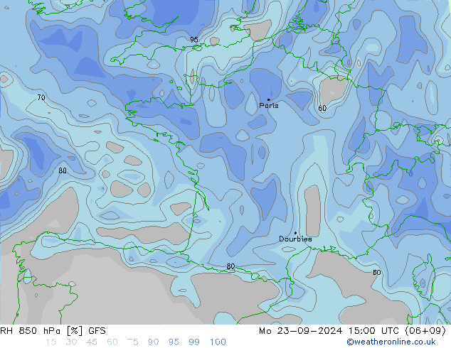 RH 850 гПа GFS пн 23.09.2024 15 UTC