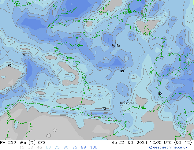 Humidité rel. 850 hPa GFS lun 23.09.2024 18 UTC