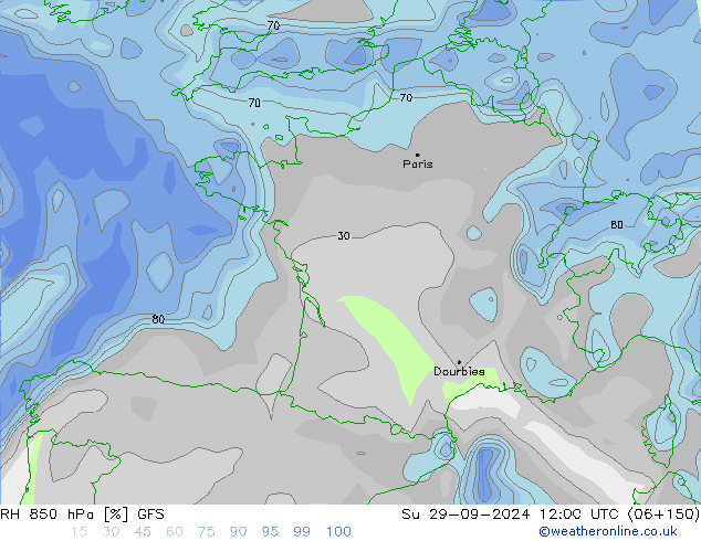 RH 850 hPa GFS Su 29.09.2024 12 UTC