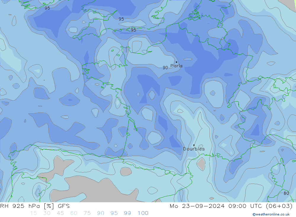 Humidité rel. 925 hPa GFS lun 23.09.2024 09 UTC