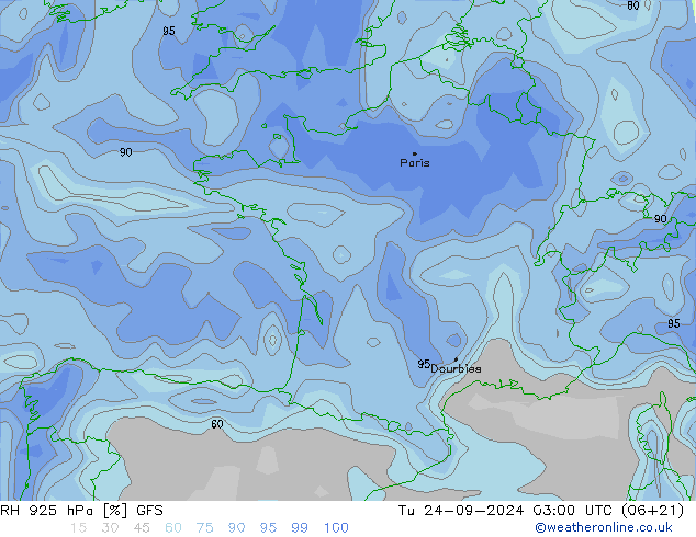 RH 925 hPa GFS Tu 24.09.2024 03 UTC