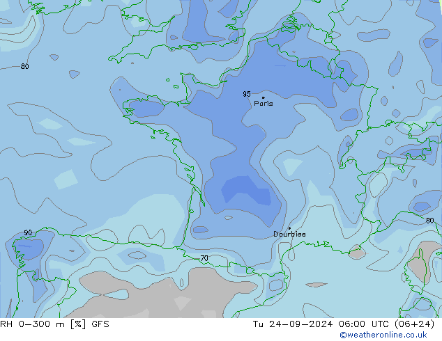 RH 0-300 m GFS Tu 24.09.2024 06 UTC