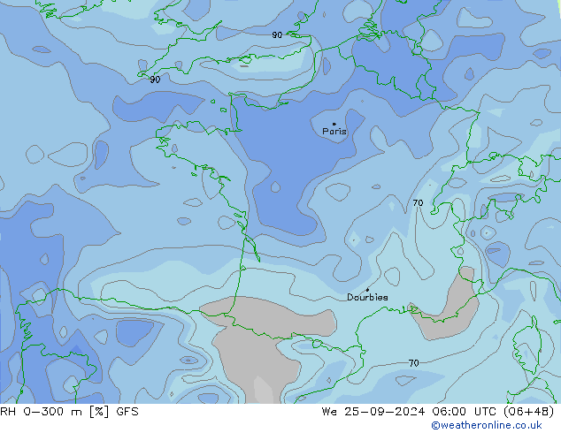 RH 0-300 m GFS Mi 25.09.2024 06 UTC