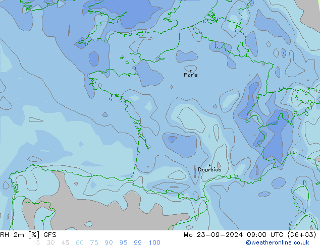 RH 2m GFS Mo 23.09.2024 09 UTC