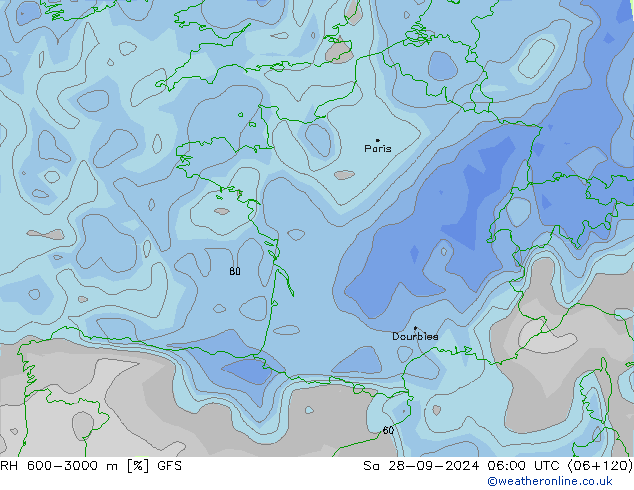 RH 600-3000 m GFS Sa 28.09.2024 06 UTC