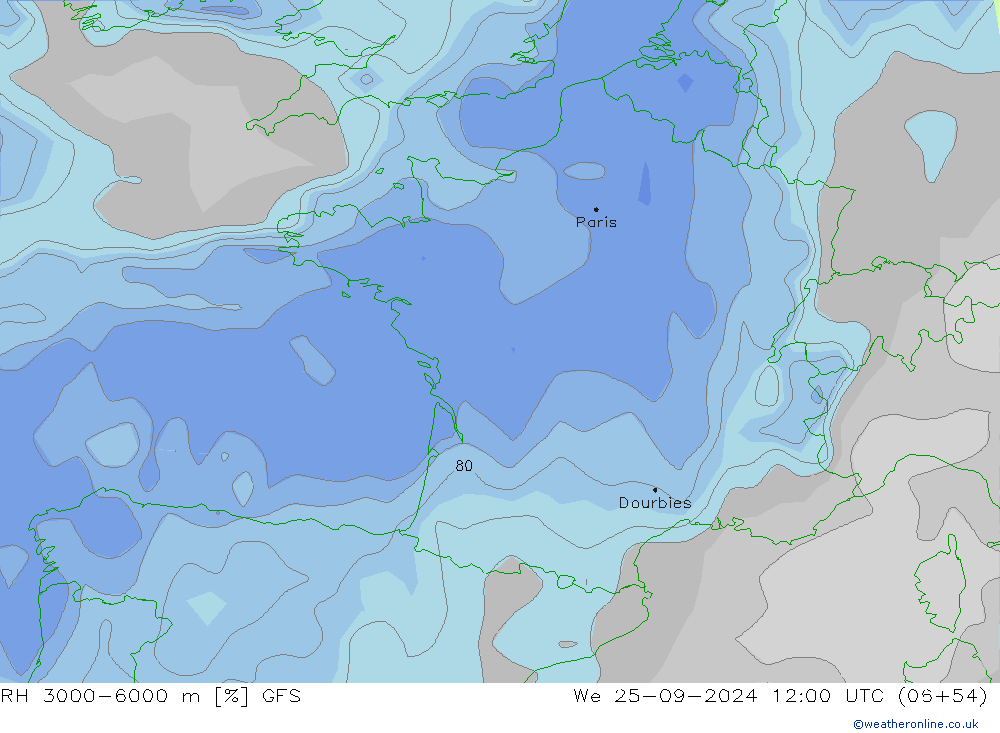 RH 3000-6000 m GFS ср 25.09.2024 12 UTC