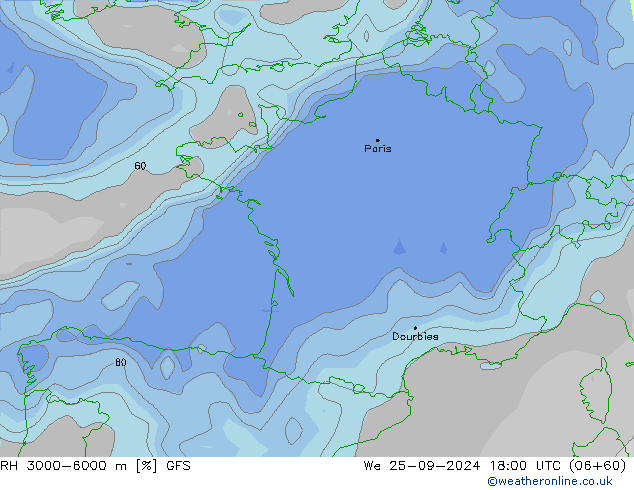 RH 3000-6000 m GFS śro. 25.09.2024 18 UTC