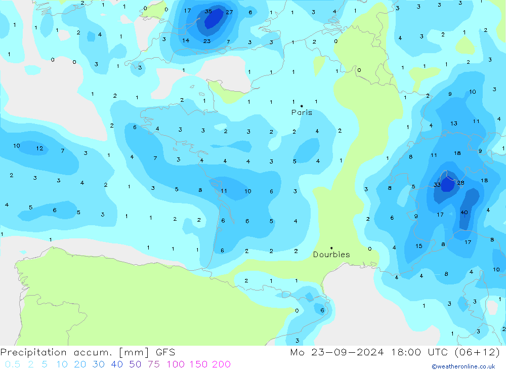 Precipitation accum. GFS пн 23.09.2024 18 UTC