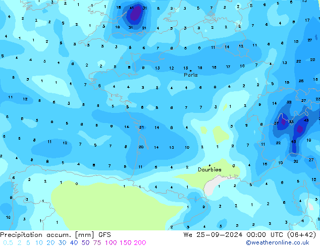 Precipitation accum. GFS We 25.09.2024 00 UTC