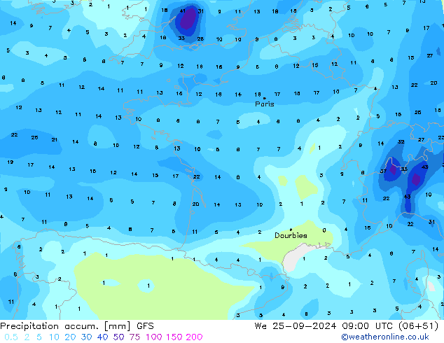 Precipitación acum. GFS mié 25.09.2024 09 UTC