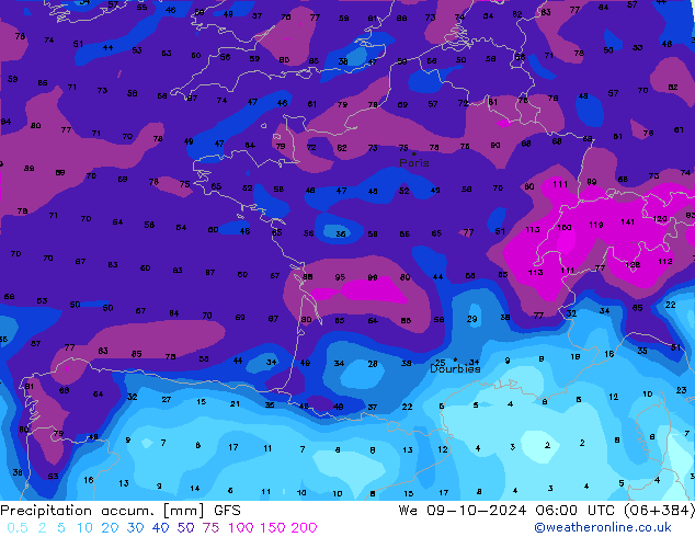 Precipitation accum. GFS We 09.10.2024 06 UTC