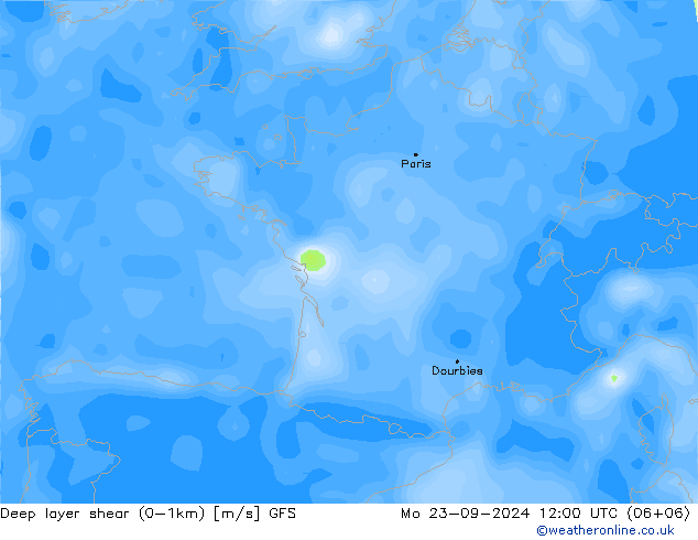 Deep layer shear (0-1km) GFS Pzt 23.09.2024 12 UTC