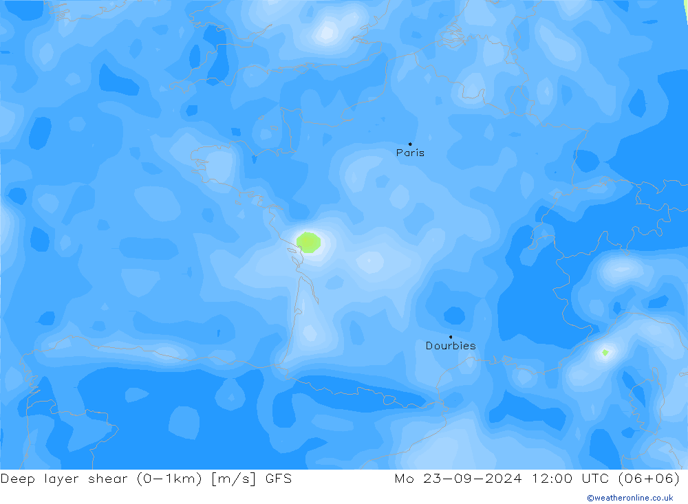 Deep layer shear (0-1km) GFS Mo 23.09.2024 12 UTC