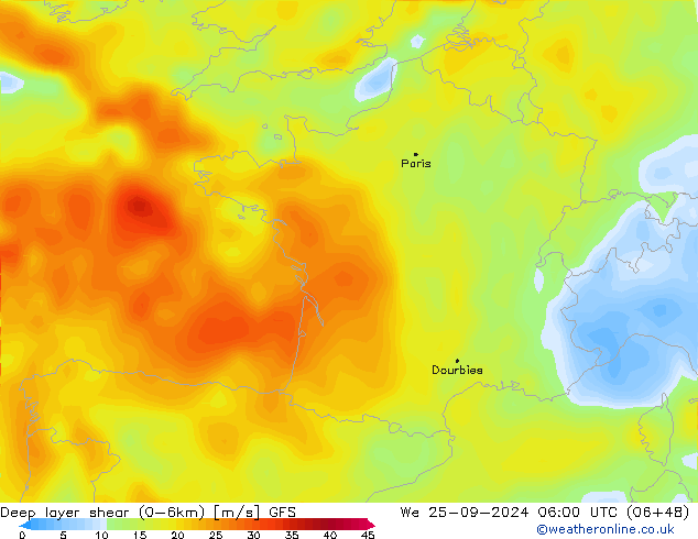 Deep layer shear (0-6km) GFS mié 25.09.2024 06 UTC