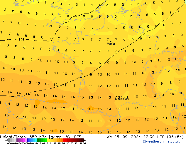 Height/Temp. 850 hPa GFS  25.09.2024 12 UTC