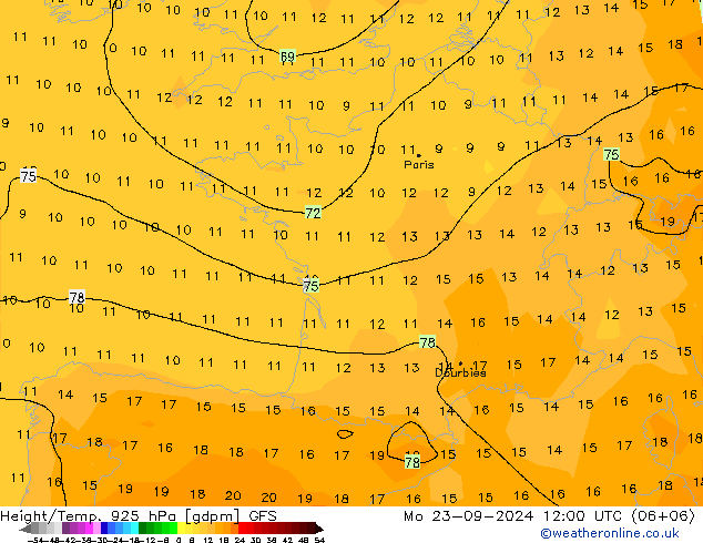 Height/Temp. 925 hPa GFS Mo 23.09.2024 12 UTC