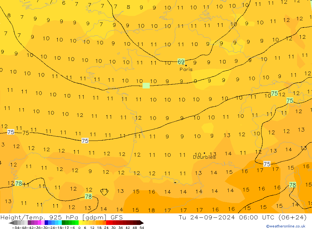 Height/Temp. 925 hPa GFS Tu 24.09.2024 06 UTC