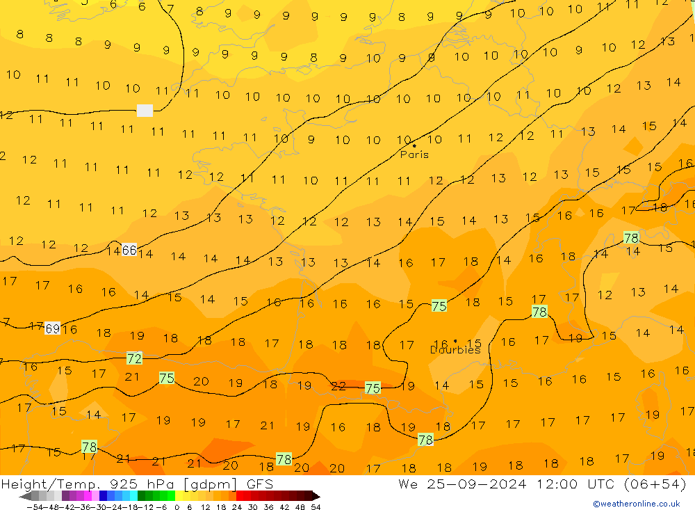 Hoogte/Temp. 925 hPa GFS wo 25.09.2024 12 UTC