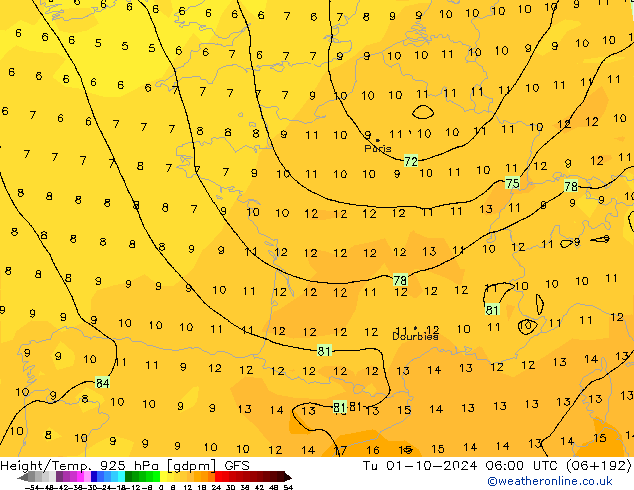 Height/Temp. 925 hPa GFS wto. 01.10.2024 06 UTC