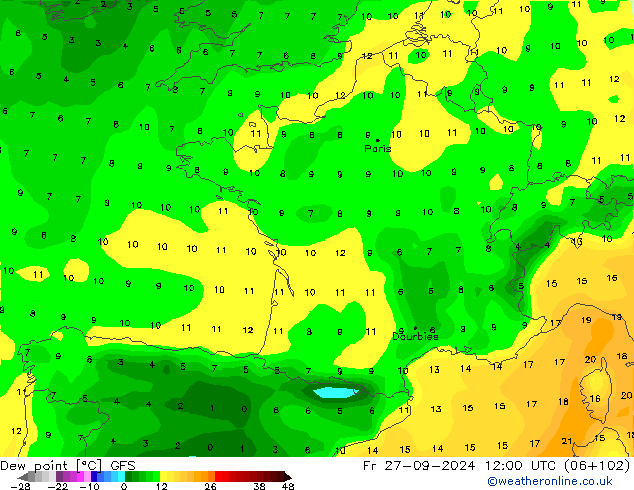 Dew point GFS Fr 27.09.2024 12 UTC