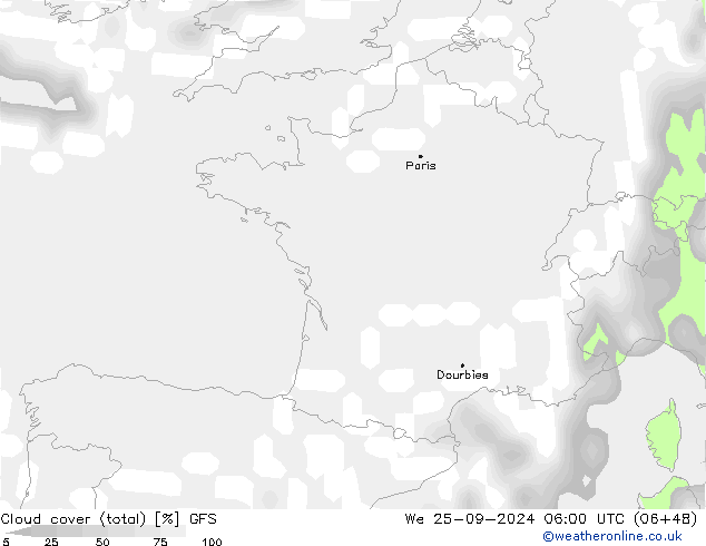 Cloud cover (total) GFS We 25.09.2024 06 UTC