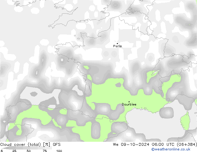 Wolken (gesamt) GFS Mi 09.10.2024 06 UTC