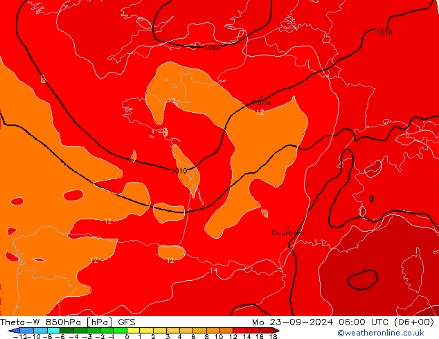 Theta-W 850гПа GFS пн 23.09.2024 06 UTC