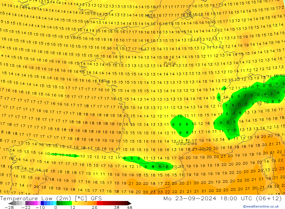 Temperature Low (2m) GFS Mo 23.09.2024 18 UTC