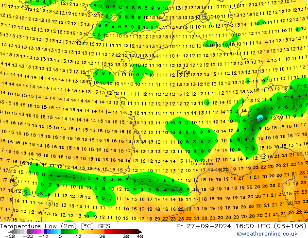 Temperature Low (2m) GFS Fr 27.09.2024 18 UTC