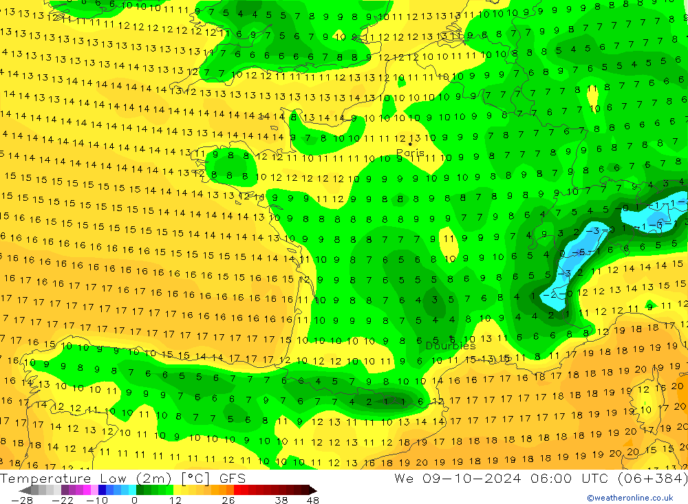 Temperature Low (2m) GFS We 09.10.2024 06 UTC