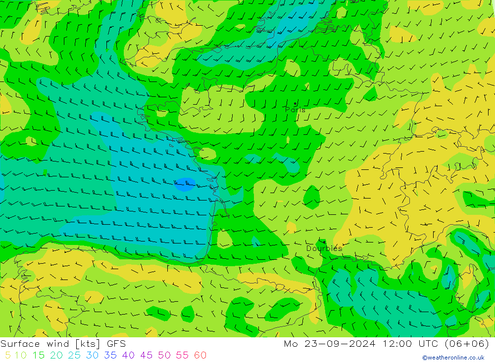 ветер 10 m GFS пн 23.09.2024 12 UTC