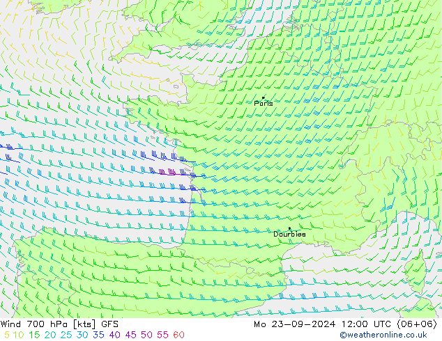 Wind 700 hPa GFS Mo 23.09.2024 12 UTC