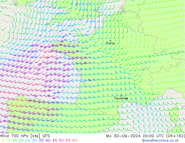 wiatr 700 hPa GFS pon. 30.09.2024 00 UTC