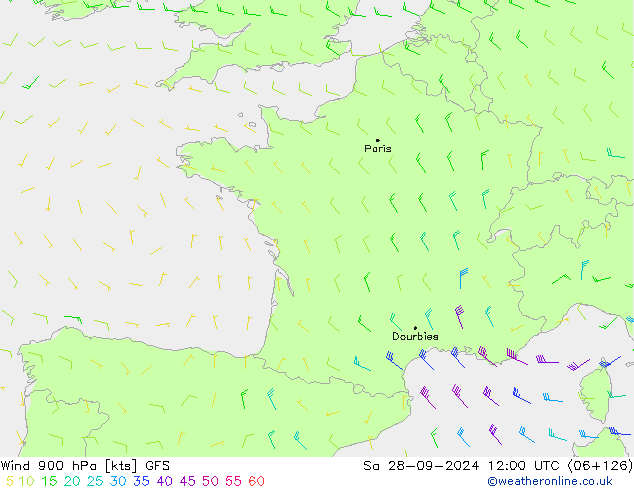 ветер 900 гПа GFS сб 28.09.2024 12 UTC