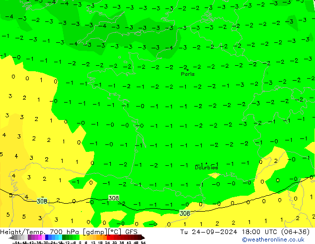 Height/Temp. 700 hPa GFS wto. 24.09.2024 18 UTC