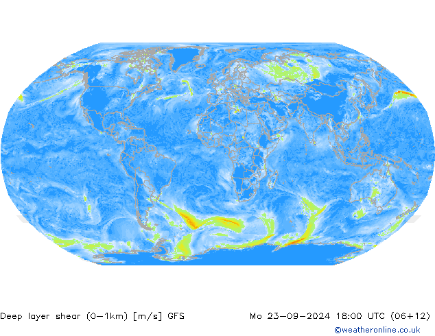 Deep layer shear (0-1km) GFS lun 23.09.2024 18 UTC